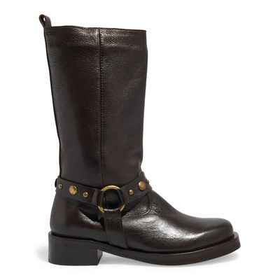 Bota Couro Plume Marrom Cano Médio Tachas