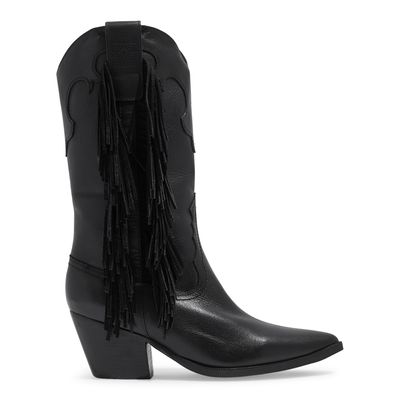 Bota Western Couro Preta Cano Alto Franja