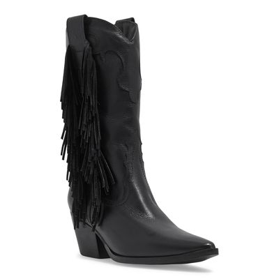 Bota Western Couro Preta Cano Alto Franja