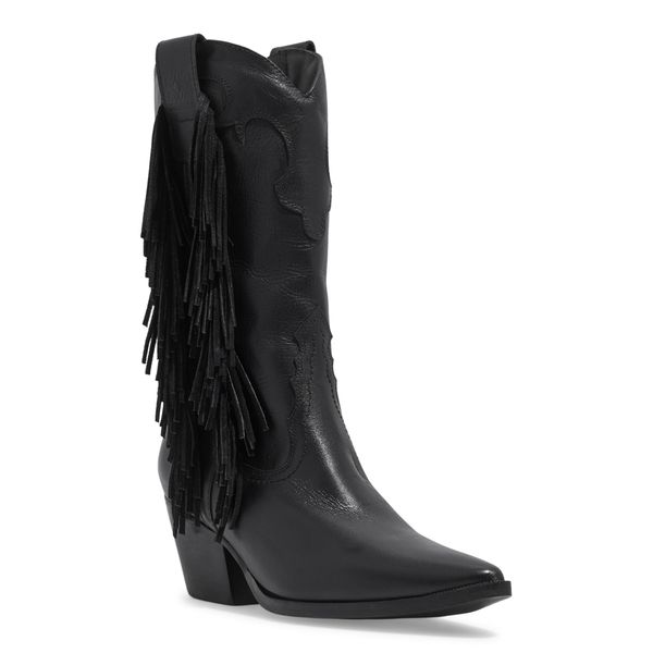 Bota Western Couro Preta Cano Alto Franja