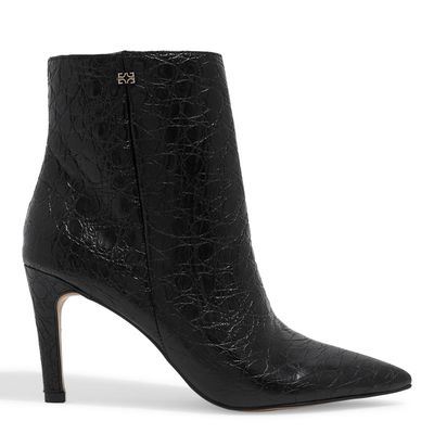 Bota Bico Fino Couro Croco Preto Cano Médio