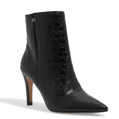 Bota Bico Fino Couro Croco Preto Cano Médio